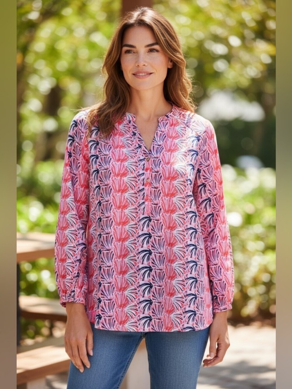 Simply Southern Pink & Navy Tropical Print Tunic Blouse NWT PTP 22"